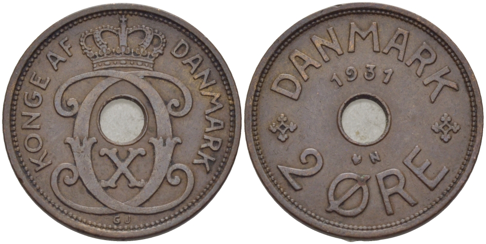 ДАНИЯ 2 ЭРЕ 1931 N; GJ, КРИСТИАН X (1912-1947) KM 827.2 бронза 28-346