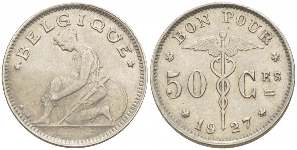 БЕЛЬГИЯ 50 САНТИМОВ 1927 BELGIQUE KM 87 никель 261-1618