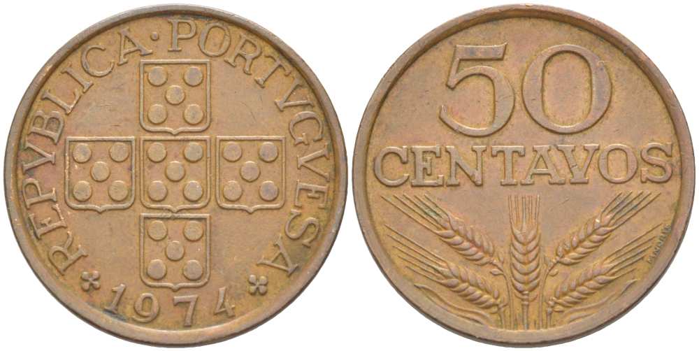 ПОРТУГАЛИЯ 50 СЕНТАВО 1974 KM 596 бронза 4513-1227