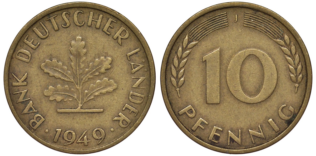 ФРГ 10 пфеннигов 1949 J KM 103, J. 378 сталь плакированная латунью 4163-244