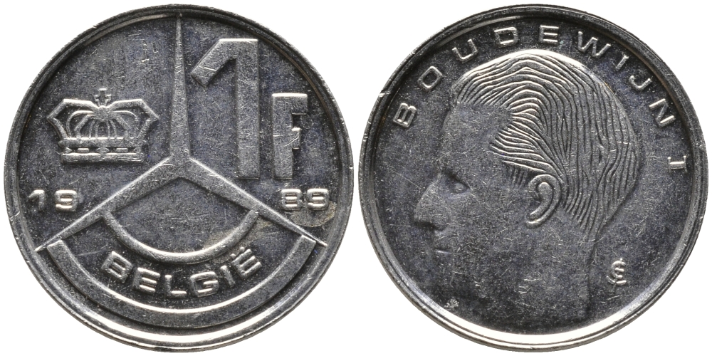 БЕЛЬГИЯ 1 ФРАНК 1989 BELGIE KM 171 сталь плакированная никелем 99-1236