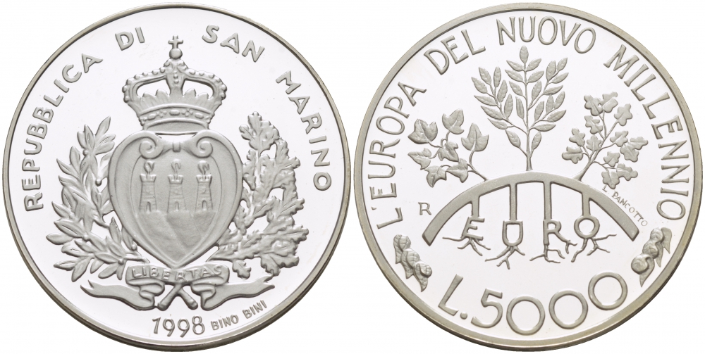 Сан-Марино 5000 лир 1998 миллениум, европа в новом тысячелетии KM 386 серебро PROOF 1068-3-33