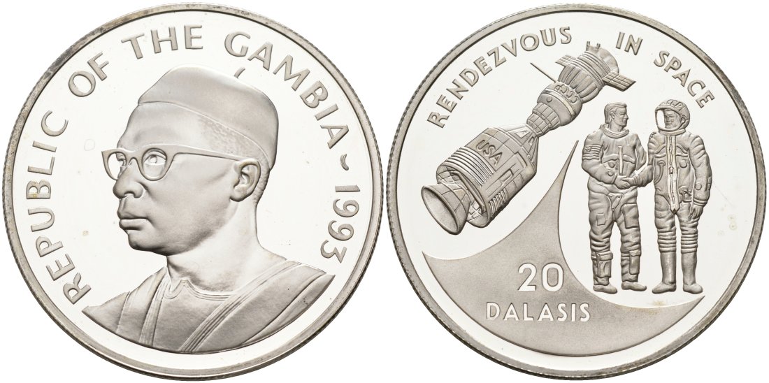 Гамбия 20 даласи 1993 стыковка в космосе, станция KM 36 серебро PROOF 00-000-00
