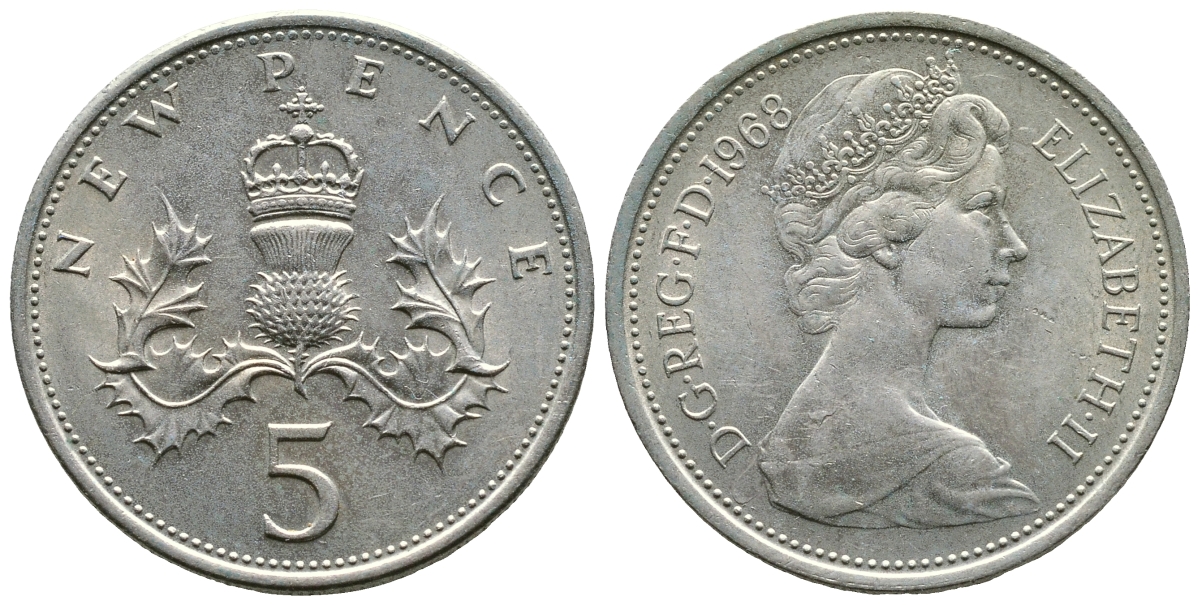 Великобритания 5 пенсов 1968 Елизавета II (1952-2022) KM 911, Spink 4233 (D1) медно-никель 89-1712