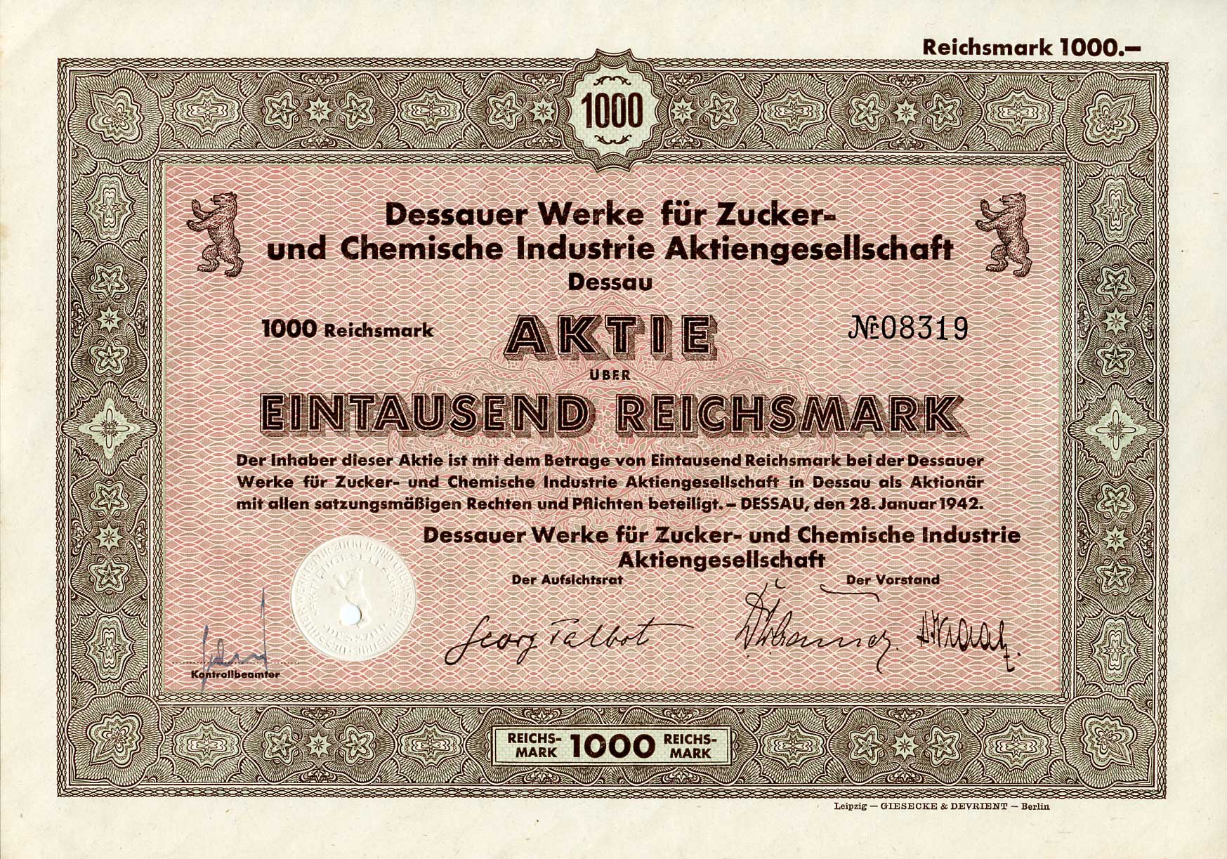 Германия 1000 рейхсмарок 1942 АО заводов Дессау для сахарной и химической промышленности, акция   бумага   8802-42-1