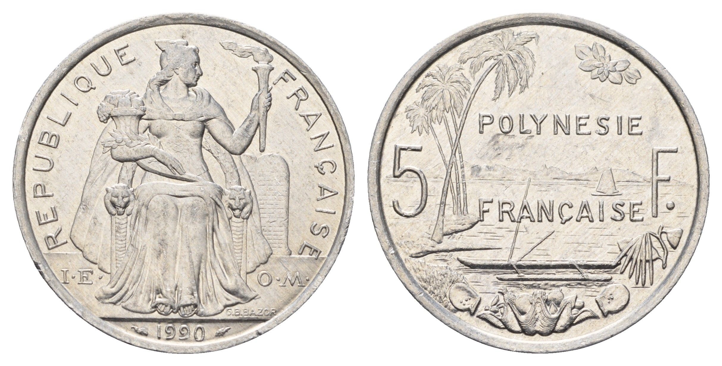 Французская Полинезия 5 франков 1990 KM 12 алюминий aUNC 4672-911