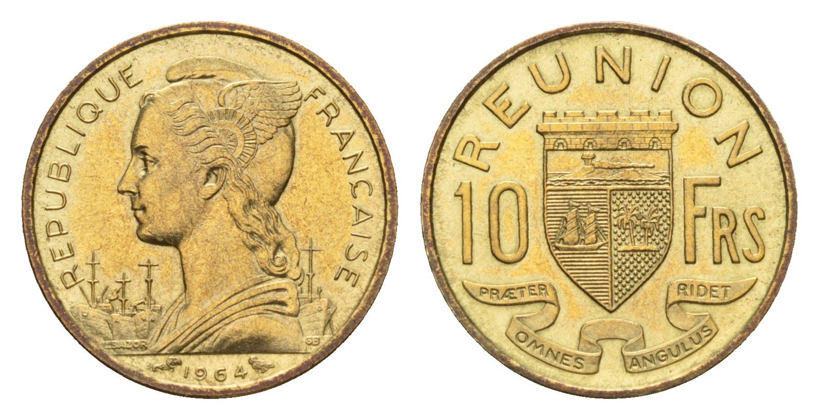 Реюньон 10 франков 1964 KM 10 алюминиевая бронза UNC 4127-1841