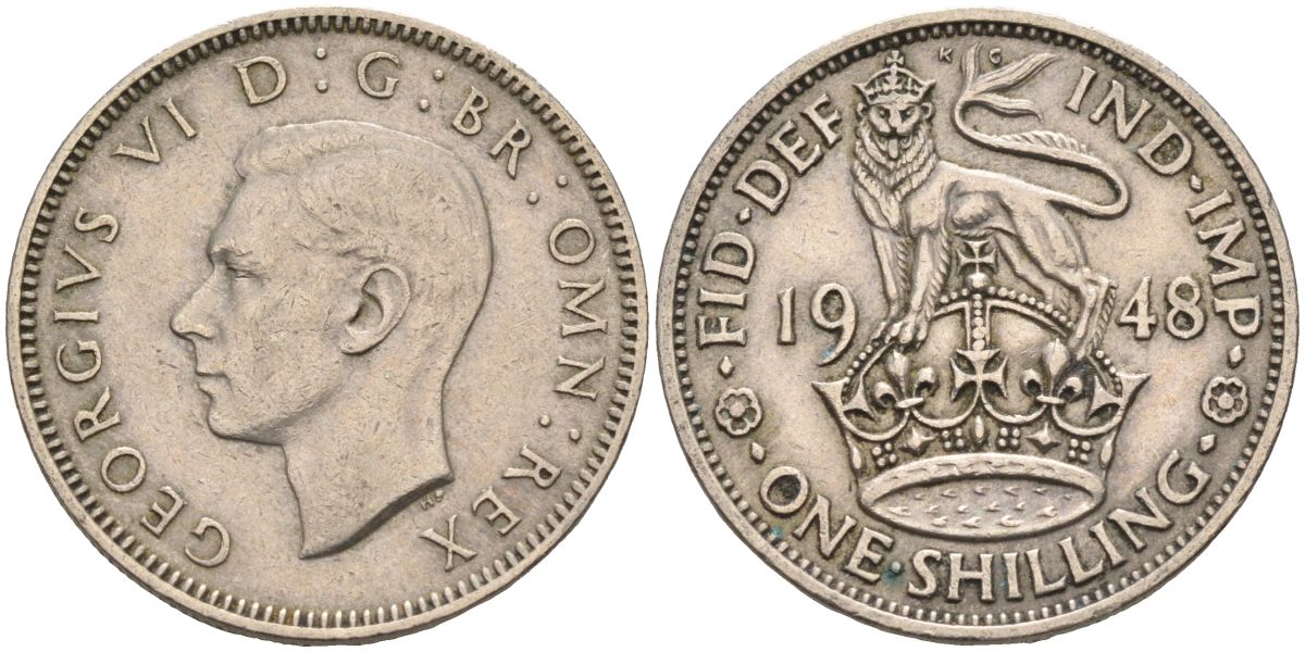 Великобритания 1 шиллинг 1948 Георг VI (1936-1952), Английский герб KM 863, Spink 4103 медно-никель 4126-451