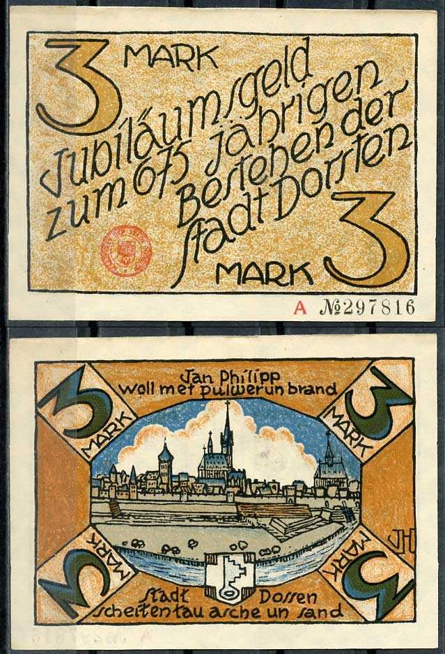 Германия, Дорстен 3 марки 1922 нотгельд, историческая серия Li.273, M.282.1  бумага  UNC (пресс) 444-86-1-2