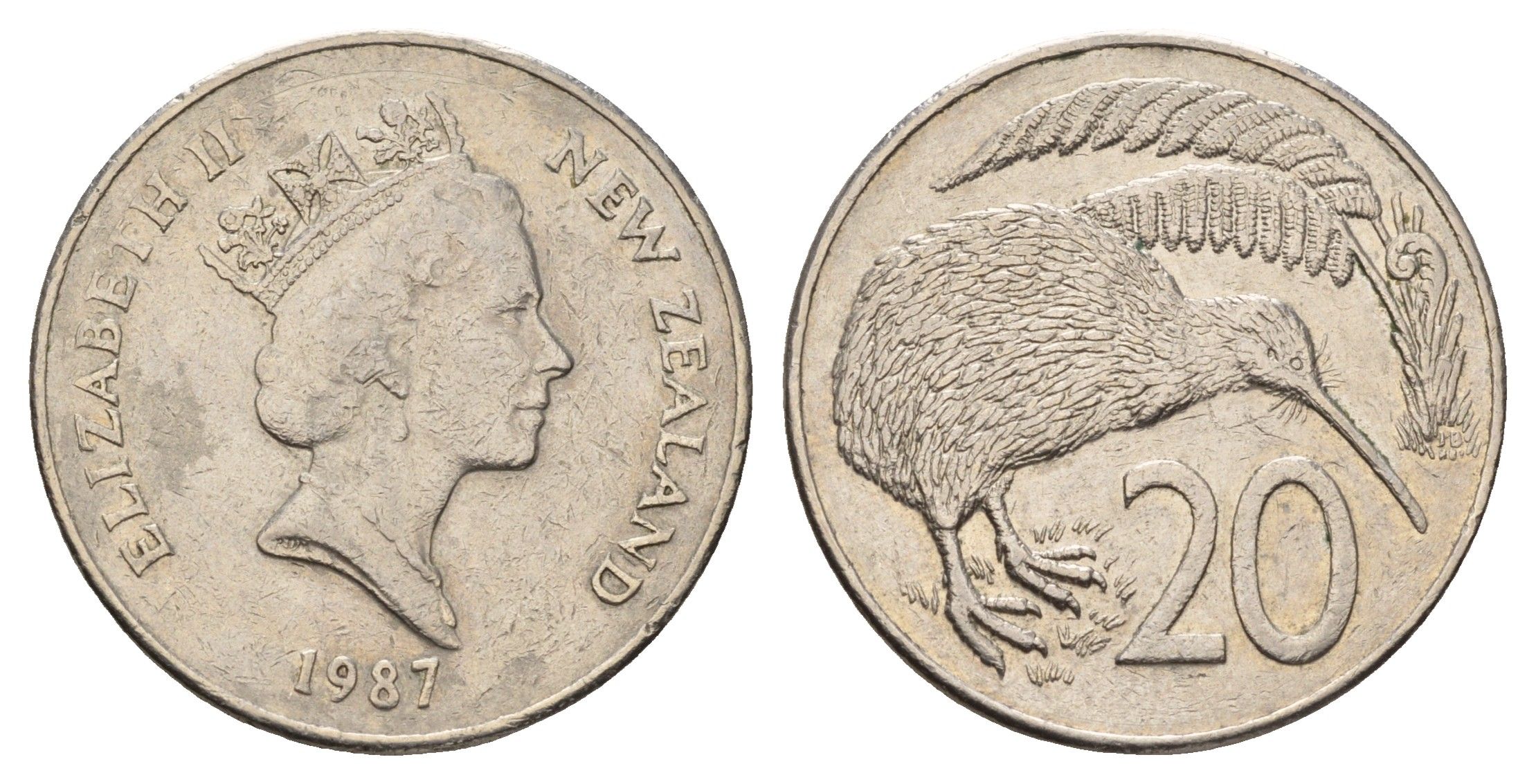 Новая Зеландия 20 центов 1987 Елизавета II (1952-2022), птичка киви KM 62 медно-никель 25-2444