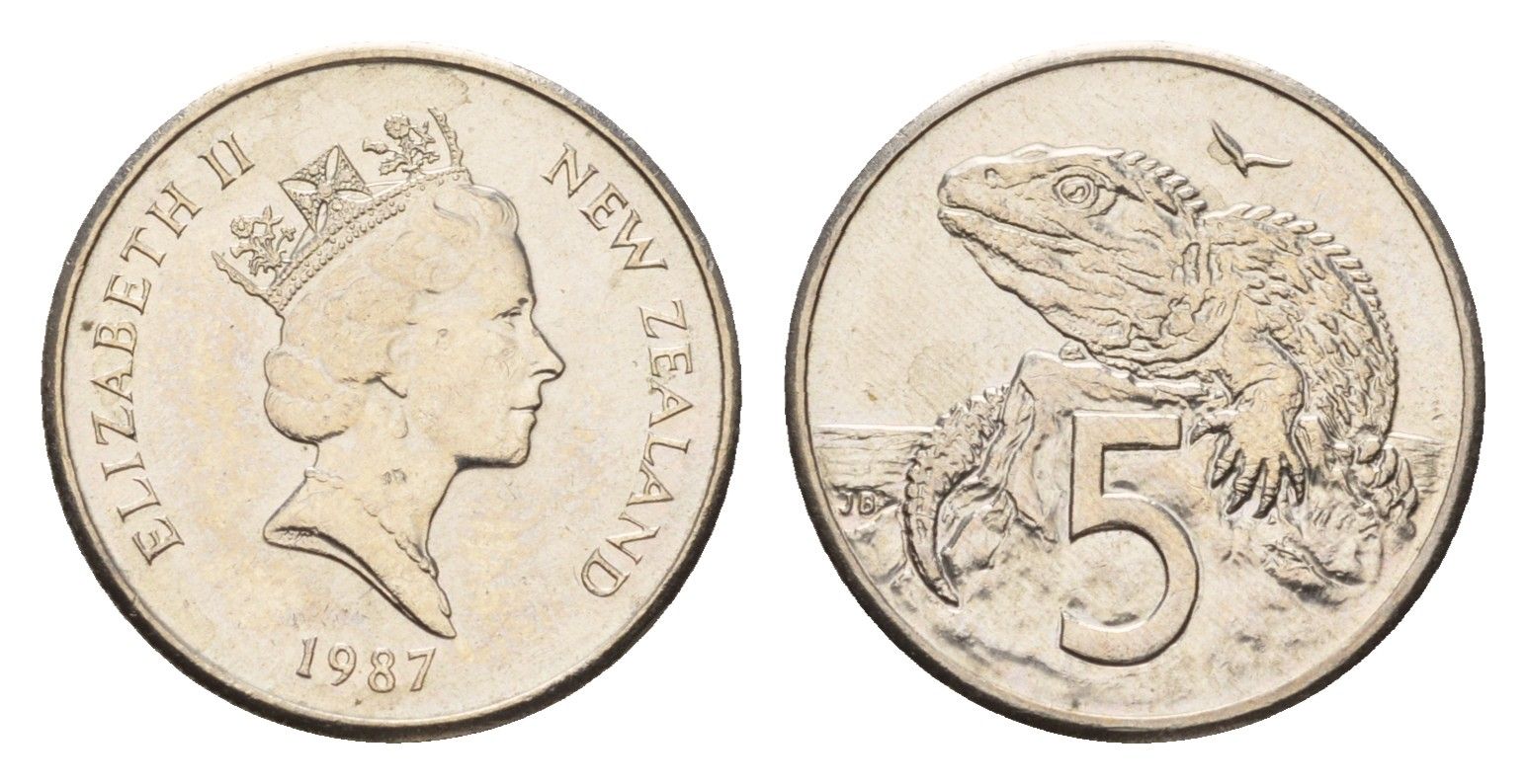 Новая Зеландия 5 центов 1987 Елизавета II (1952-2022), ящерица гаттерия KM 60 медно-никель UNC 4669-621