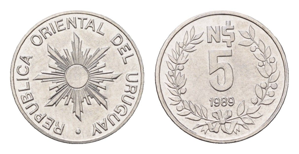 Уругвай 5 новых песо 1989 KM 92 нержавеющая сталь UNC 4684-1247