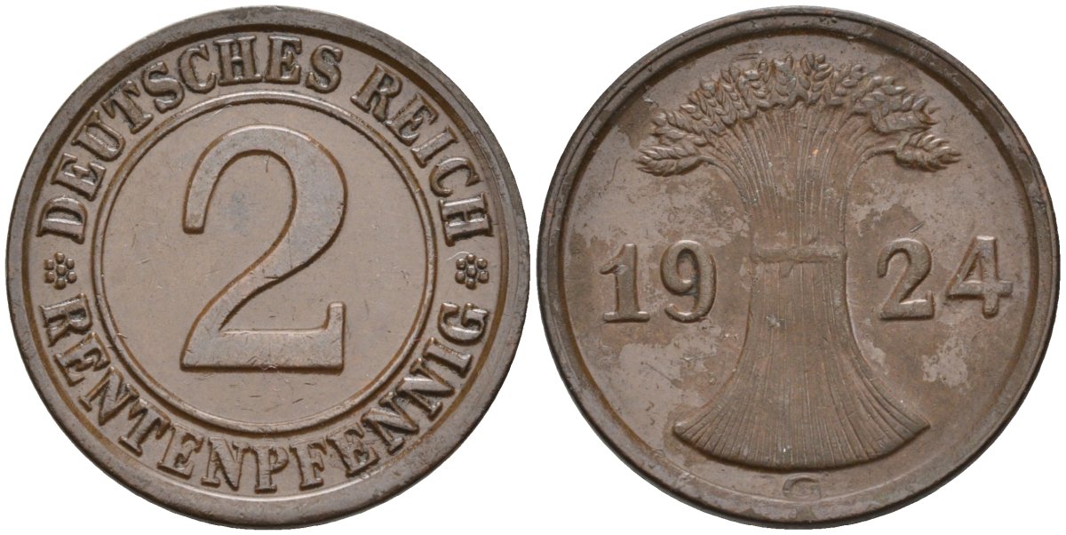Германия 2 рентенпфеннига 1924 G KM 31, J.307, Weege 3 медь 4584-625