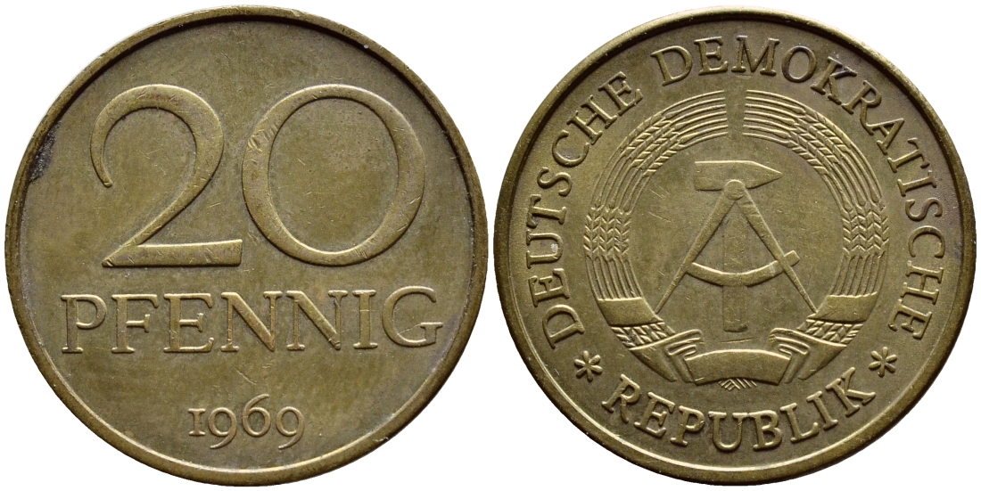 ГДР 20 пфеннигов 1969 А, первый год KM 11 латунь UNC 4397-232