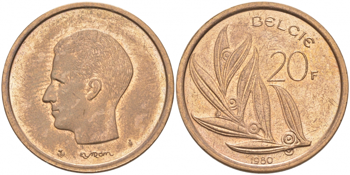 БЕЛЬГИЯ 20 ФРАНКОВ 1980 BELGIE, БОДУЭН I (1951-1993) KM 160 никель бронза 68-245
