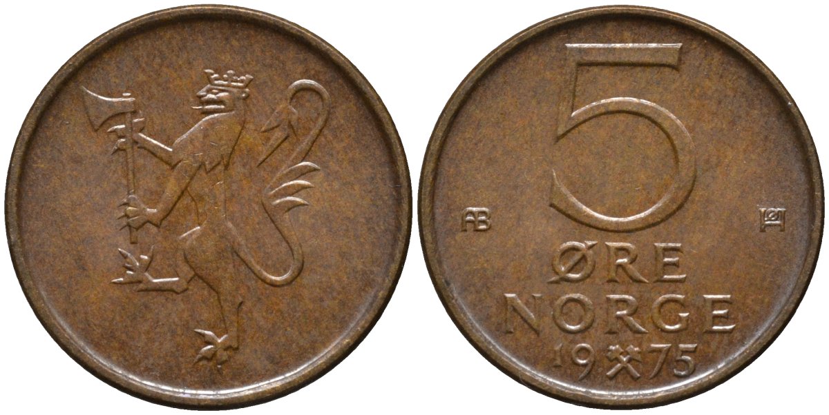 Норвегия 5 эре 1975 Улаф V (1958-1991) KM 415 бронза 206-151