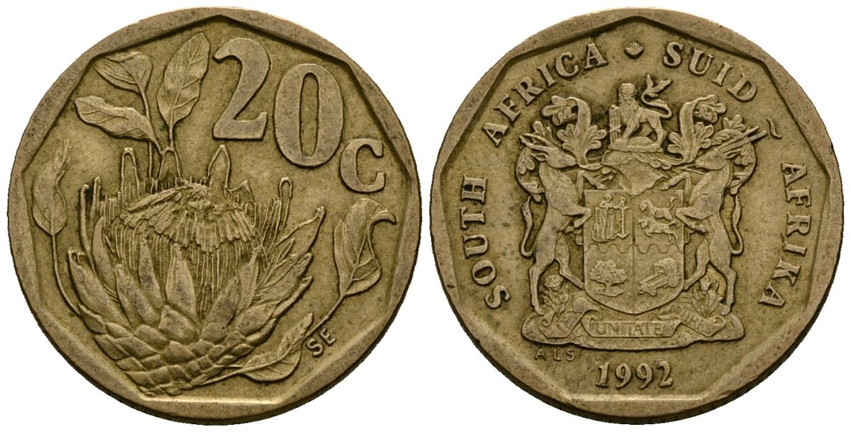 ЮАР 20 центов 1992 герб, цветок протея KM 136 сталь плакированная латунью 4173-962