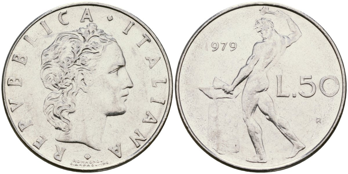 Италия 50 лир 1979 R, бог огня Вулкан у наковальни KM 95.1 нержавеющая сталь 4171-1027