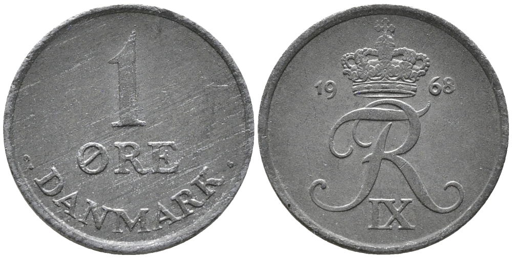Дания 1 эре 1968 С; S, Фредерик IX (1947-1972) KM 839.2 цинк UNC 100-665