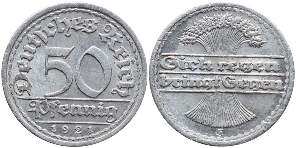 Германия 50 пфеннигов 1921 GF KM 27, J 301 алюминий 4364-2723