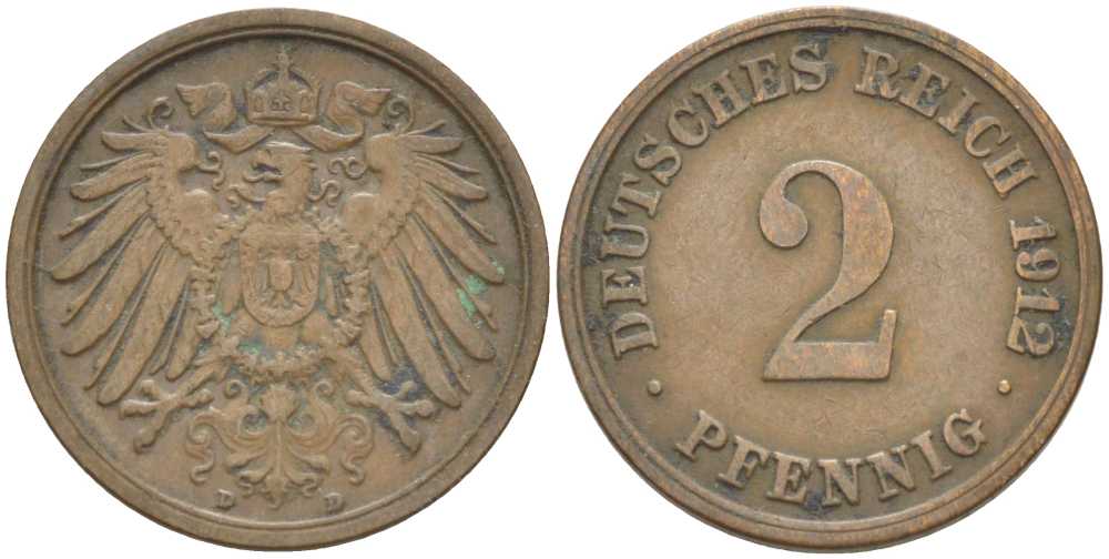 Германия 2 пфеннига 1912 D KM 16, J. 11, Weege 4 медь 212-357
