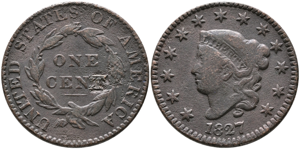 США 1 ЦЕНТ 1827 ЛИБЕРТИ, ДИАМЕТР 28,5 ММ., РОБЕРТ СКОТ медь 32-131