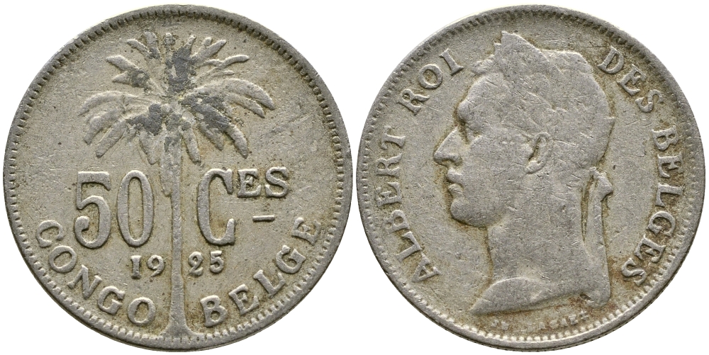 Бельгийское Конго 50 сантимов 1925 пальма KM 22 медно-никель 3999-622