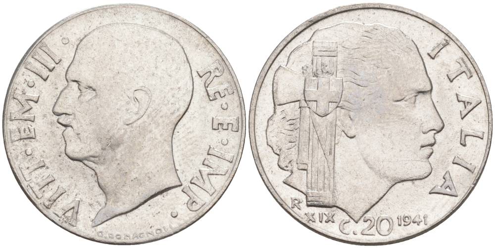 ИТАЛИЯ 20 ЧЕНТЕЗИМО 1941 R, ГОД XIX, ВИКТОР ЭММАНУИЛ III (1900-1946) KM 75b, VEM3. 1028 нержавеющая сталь 3853-613