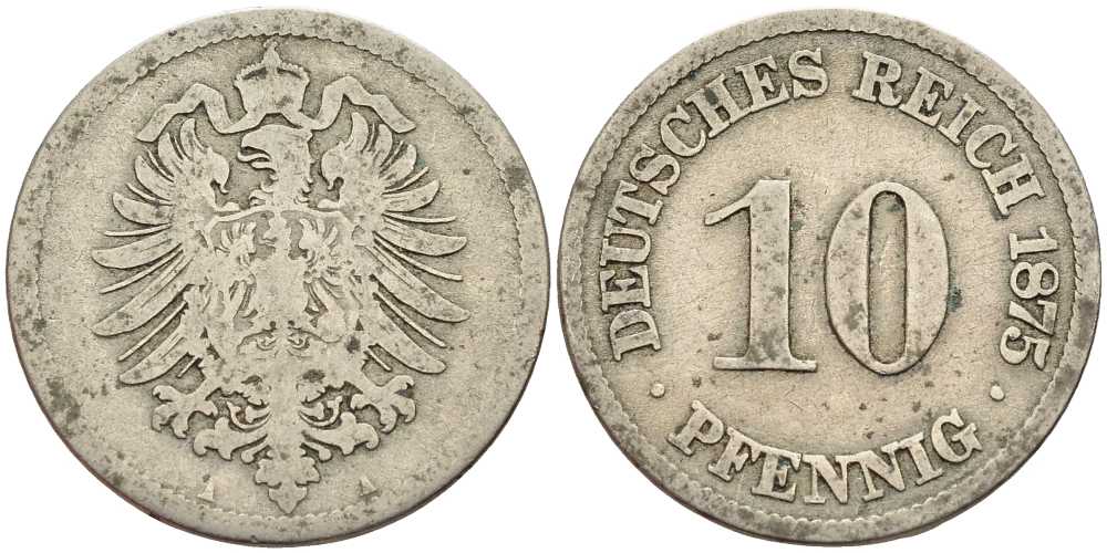 ГЕРМАНИЯ 10 ПФЕННИГОВ 1875 A, СТАРОГЕРБОВКА KM 4, J. 4 медно-никель 4401-237