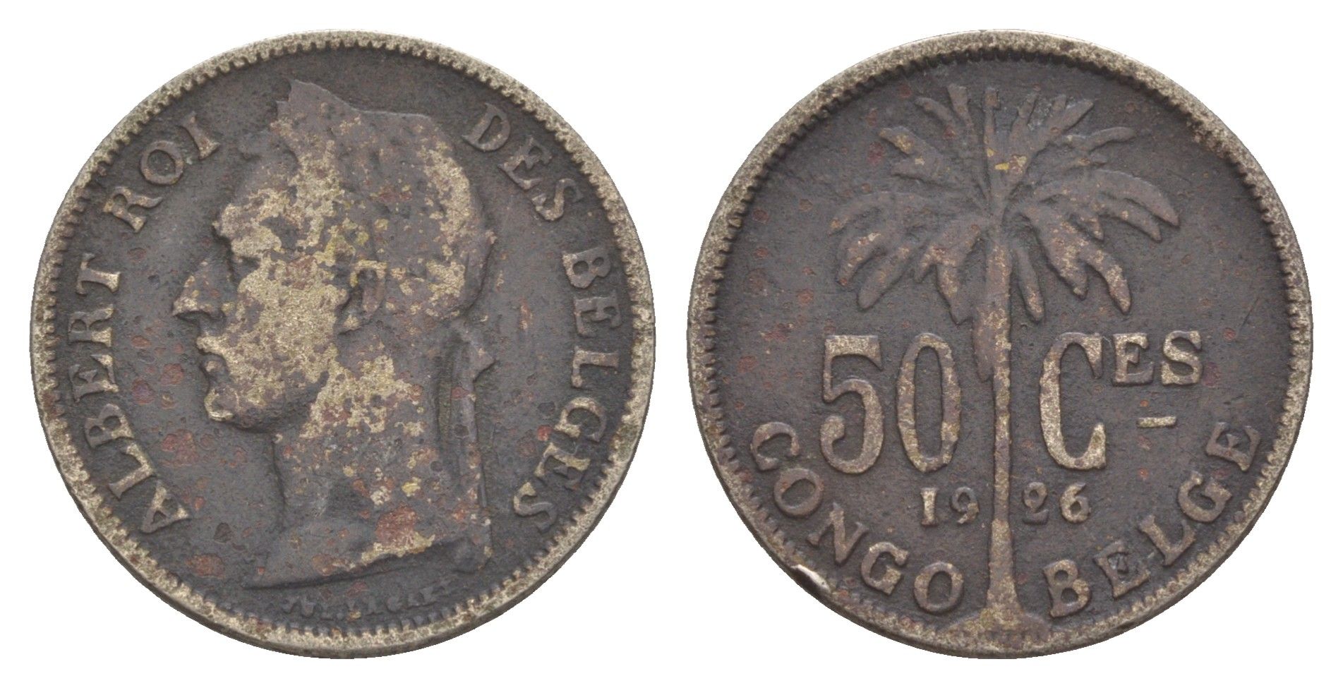 Бельгийское Конго 50 сантимов 1926 Надпись на французском - 'ALBERT ROI DES BELGES' KM 22 медно-никель 4650-426