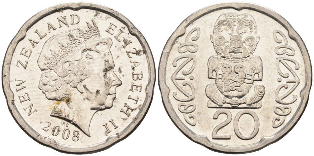 Новая Зеландия 20 центов 2008 Елизавета II (1952-2022), идол Пукаки KM 118а никелированная сталь 4579-1156
