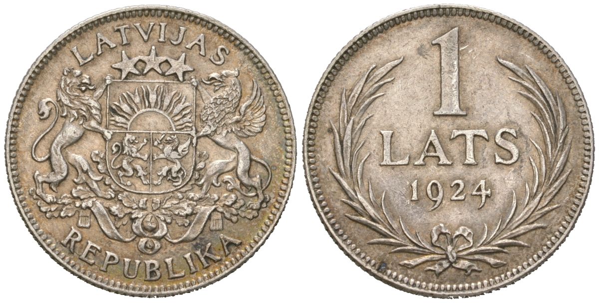 Латвия 1 лат 1924 Первая республика (1918-1939) KM 7 серебро 4561-1254