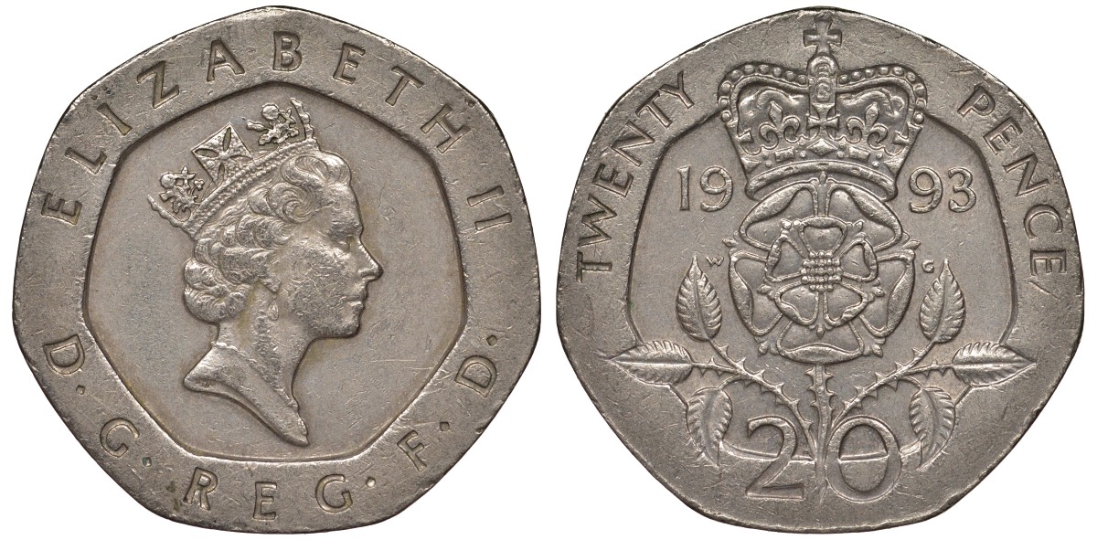 Великобритания 20 пенсов 1993 Елизавета II (1952-2022) KM 939, Spink 4361 (G2) медно-никель 4122-1124