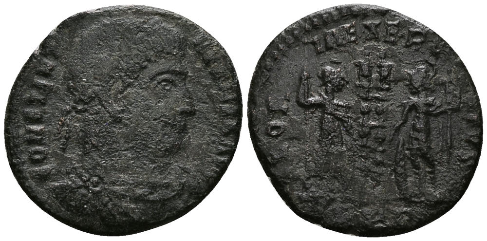 Римская Империя нуммий 330 - 333 Константин I Великий GLORIA EXERCITVS Августа Треверов Very fine (степень редкости R5) RIC 519 бронза 1073-6-61