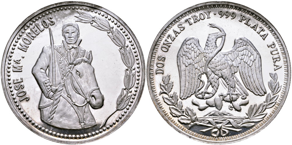 Мексика 2 унции ND ХОСЕ МАРИЯ МОРЕЛОС (JOSE MORELOS), диаметр 48 ММ., ВЕС ДВЕ ТРОЙСКИЕ УНЦИИ серебро PROOF 00-00
