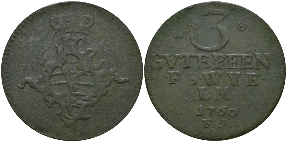Саксен-Веймар-Эйзенах 3 пфеннига 1760 FS, Анна Амалия Брауншвейгская (1758-1775) KM 34, Koppe 593, Slg. Merseburger 3999 медь 65-555
