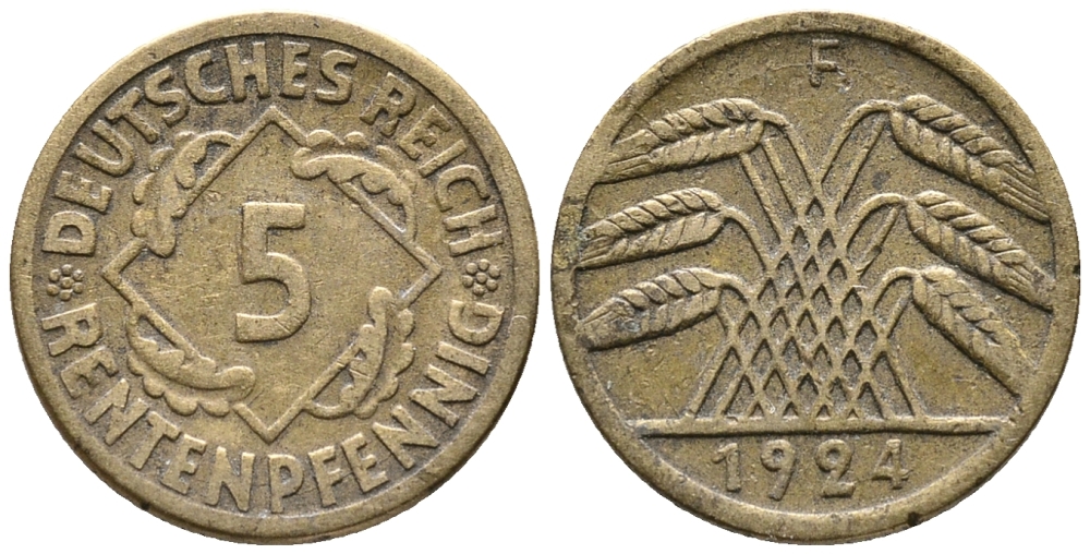 ГЕРМАНИЯ 5 РЕНТЕНПФЕННИГОВ 1924 F KM 32, J. 308 алюминиевая бронза 39-518
