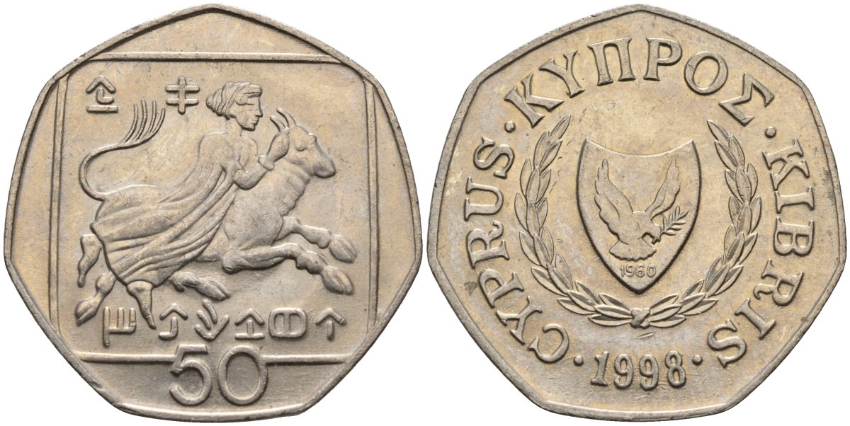 Кипр 50 центов 1998 похищение Европы KM 66 медно-никель 4141-1244