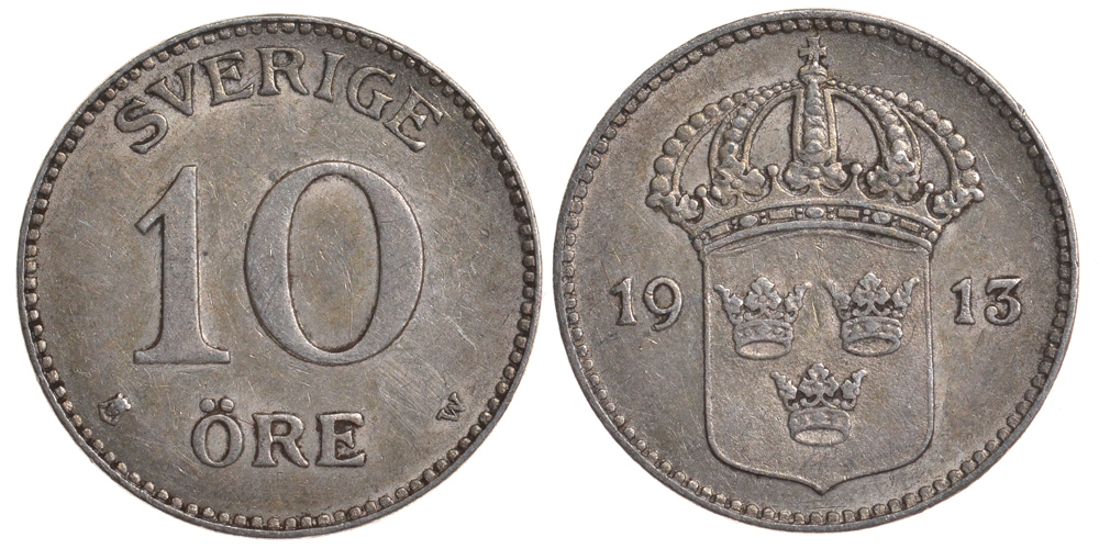 ШВЕЦИЯ 10 ЭРЕ 1913 W KM 780 серебро 4179-552
