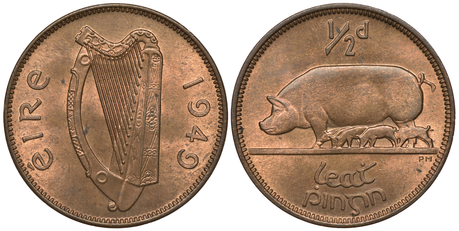 Ирландия 1/2 пенни 1949 свинья с поросятами KM 10 бронза UNC 1525-922