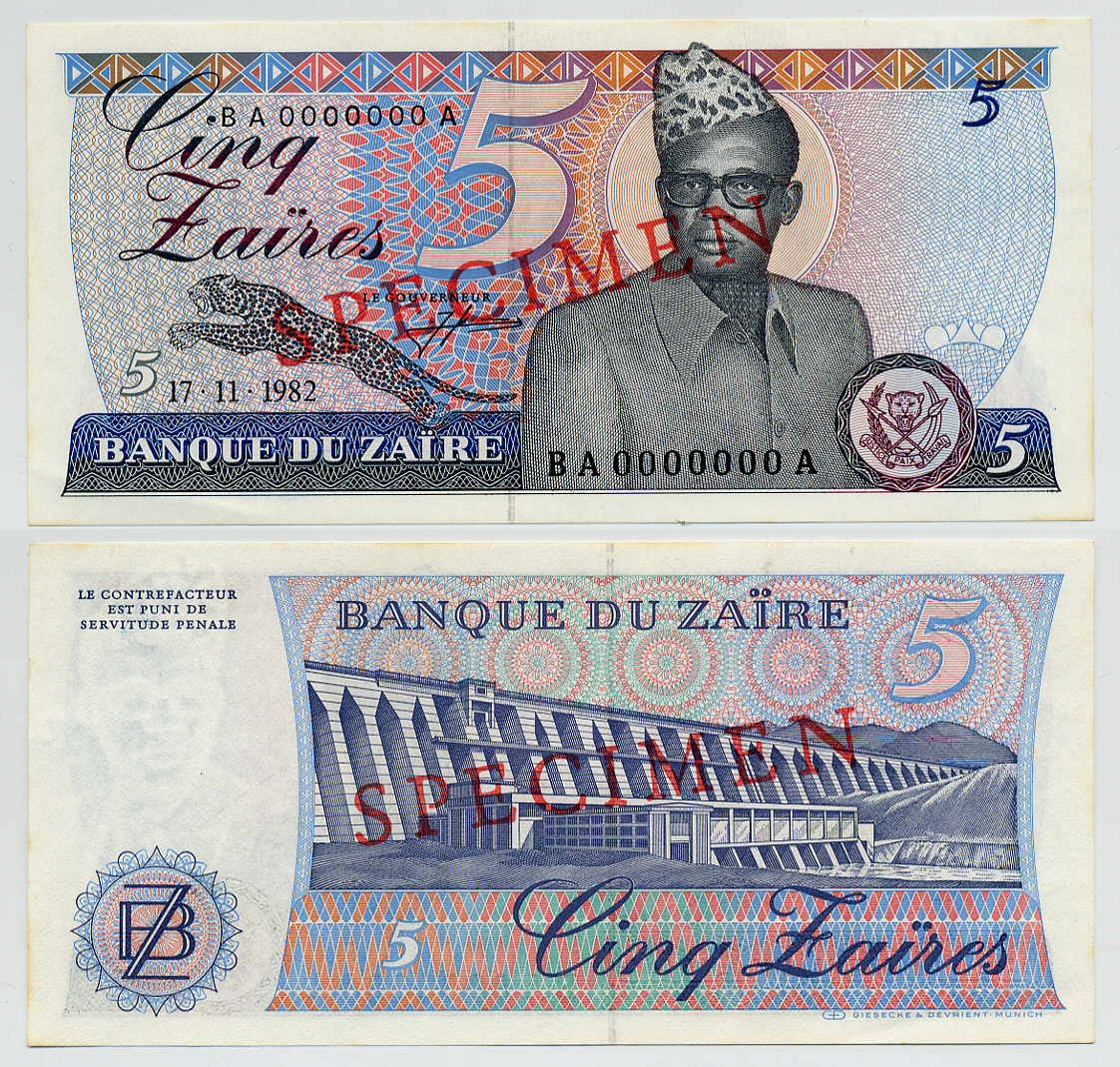Заир 5 заиров 1982 Мобуту Сесе Секо, ГЭС "Инга". Образец, Specimen Pick 26s бумага aUNC 6279-18-3-1
