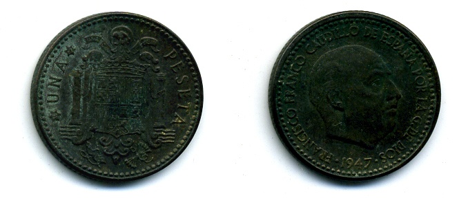 ИСПАНИЯ 1 ПЕСЕТА 1947 ФРАНСИСКО ФРАНКО ДИКТАТОР ИСПАНИИ (1939-1975) KM 775 алюминиевая бронза 56-832