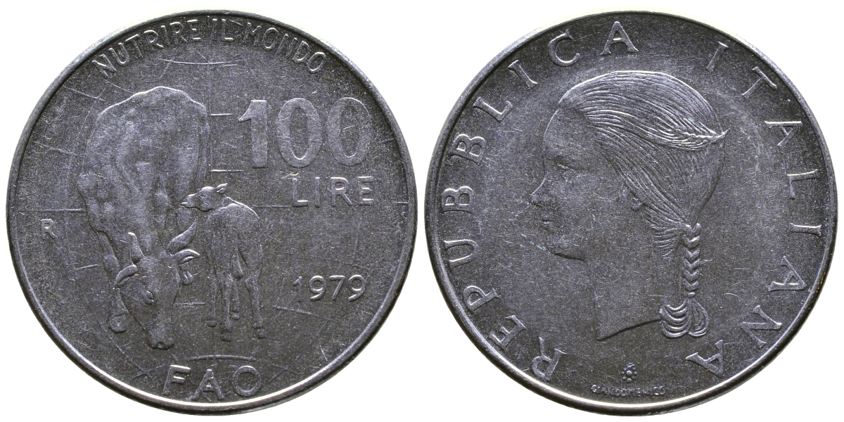 Италия 100 лир 1979 R, FAO, корова с теленком KM 106 нержавеющая сталь 4383-746