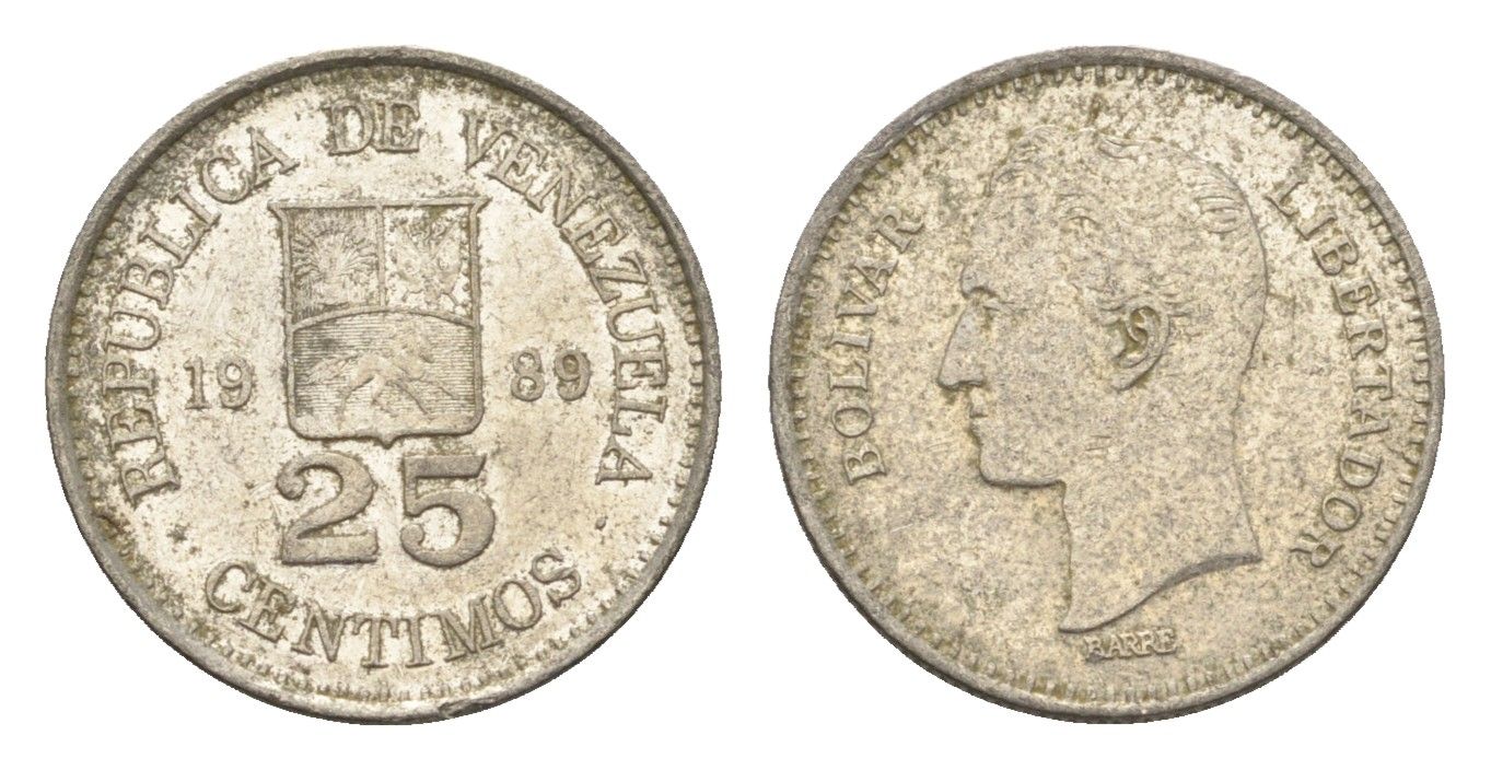 Венесуэла 25 сентимо 1989 Симон Боливар Y 50a сталь плакированная никелем 4664-219