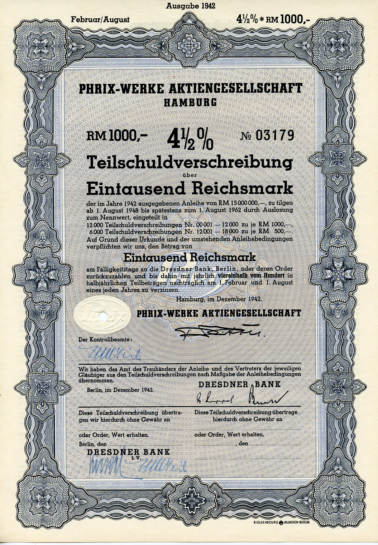 Германия 1000 рейхсмарок 1942 АО Phrix-Werke, Гамбург, 4 1/2% облигация   бумага   8804-105-1