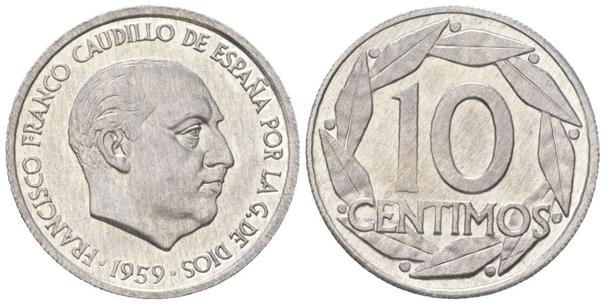 Испания 10 сентимо 1959 Франсиско Франко (1939-1975) KM 790 алюминий UNC 261-627