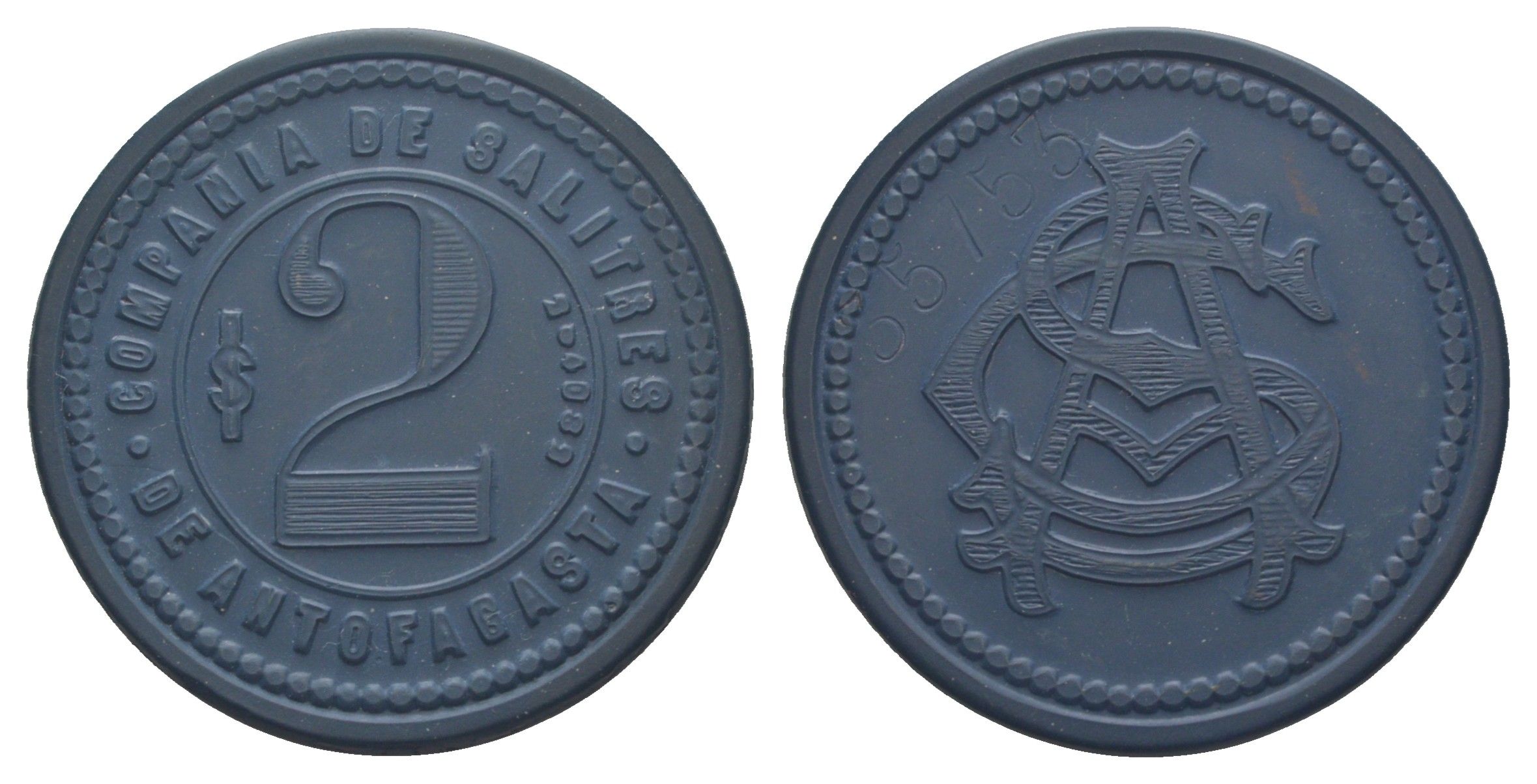 Чили, Антофагаста (Antofagasta) шахтерский жетон с Селитряного рудника для покупки в местных магазинах, номиналом в 2 песо около 1904 диаметр 40 мм, вес 4,06 гр Espinosa 22.11 эбонит (синий) 1094-11-44