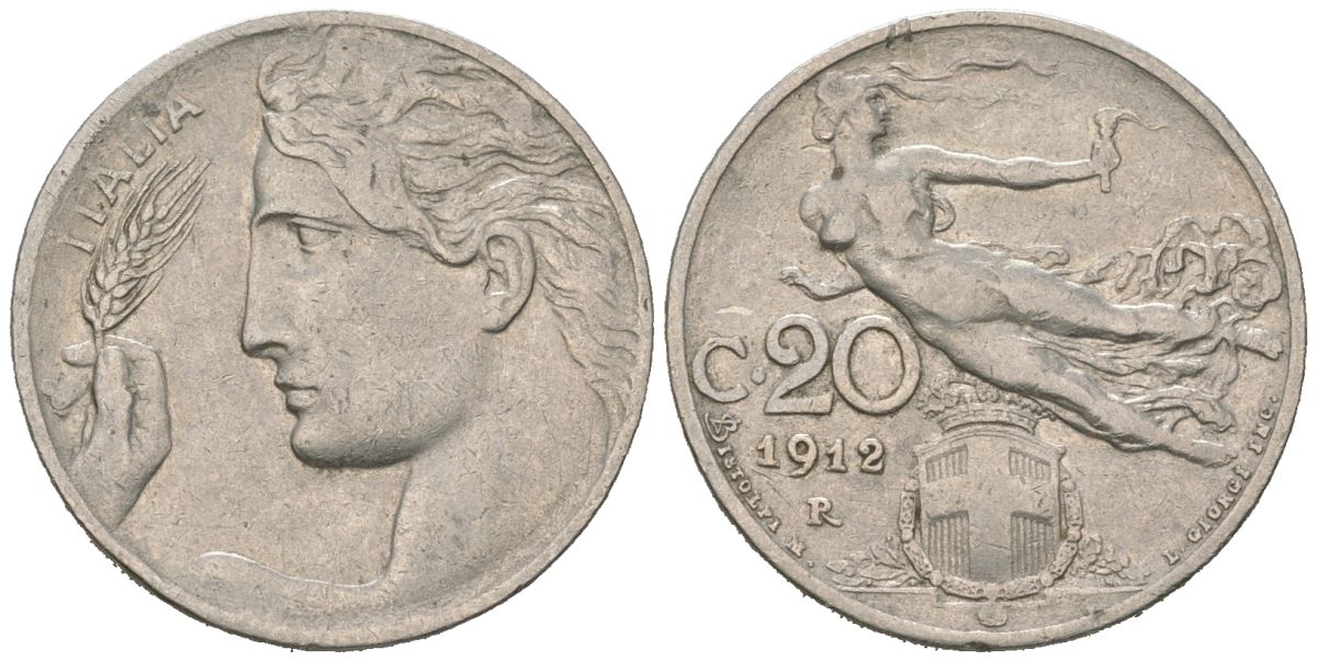 Италия 20 чентезимо 1912 R, Виктор Эммануил III (1900-1946) KM 44 никель 4164-1262