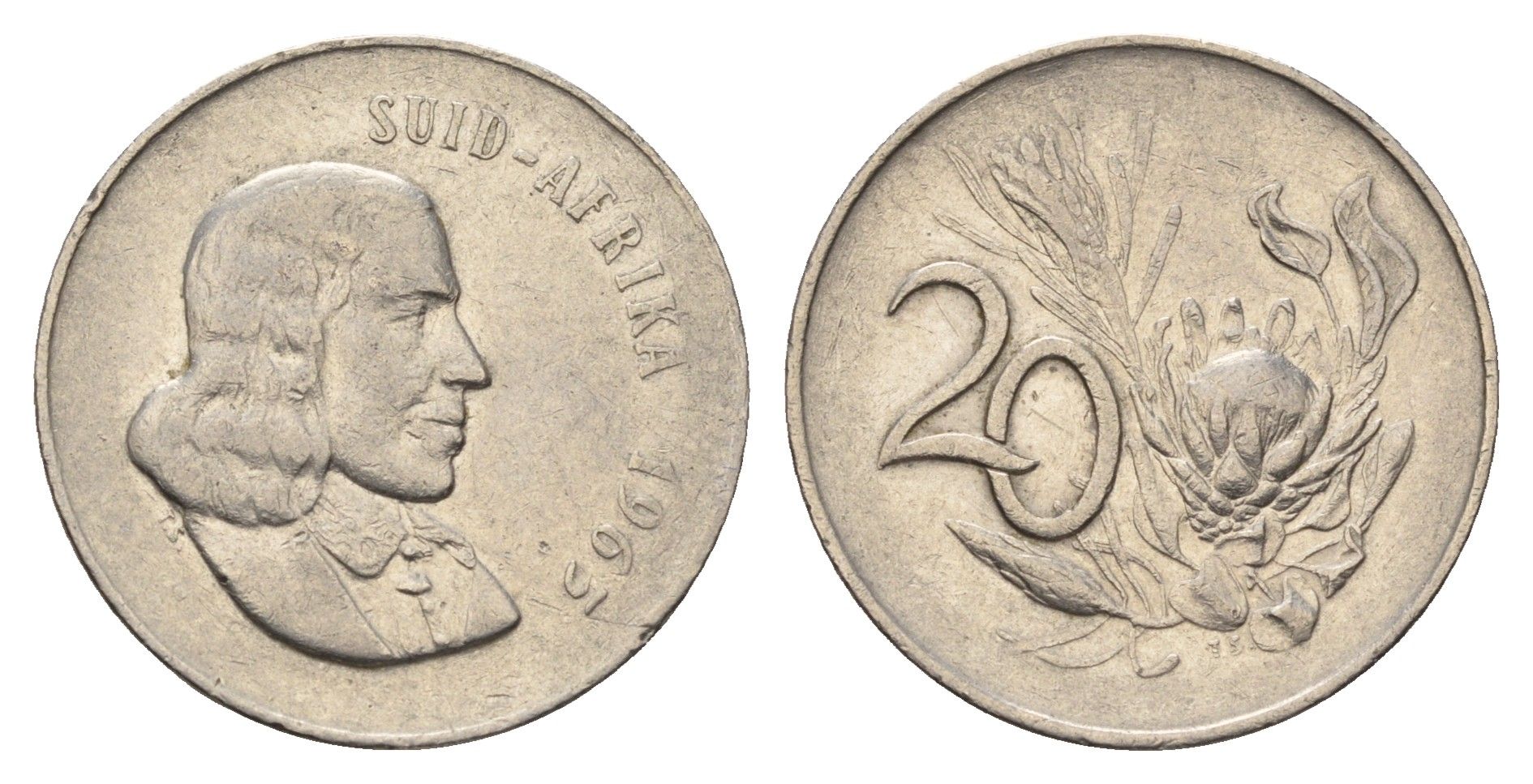 ЮАР 20 центов 1965 Ян ван Рибек (1619-1677), Suid Africa, легенда на африкаанс, цветок протея KM 69.2 никель 4693-653