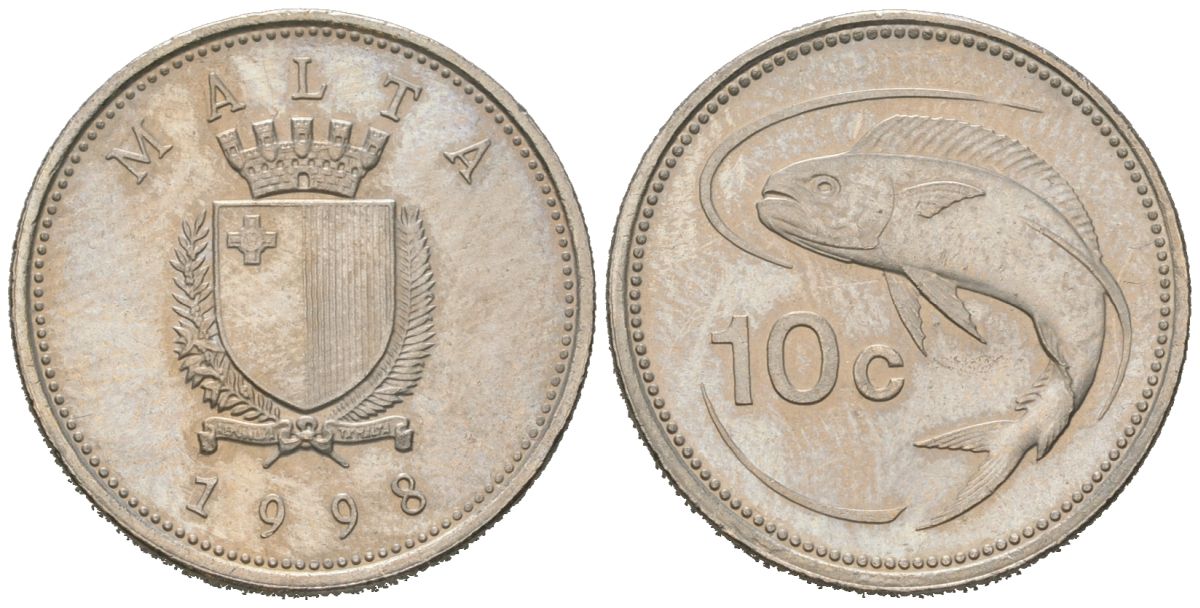 Мальта 10 центов 1998 золотая макрель KM 96 медно-никель aUNC 4516-126